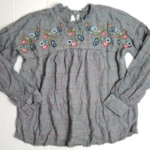 LEE COOPER Floral Embroidered Boho Plaid Peasant Top